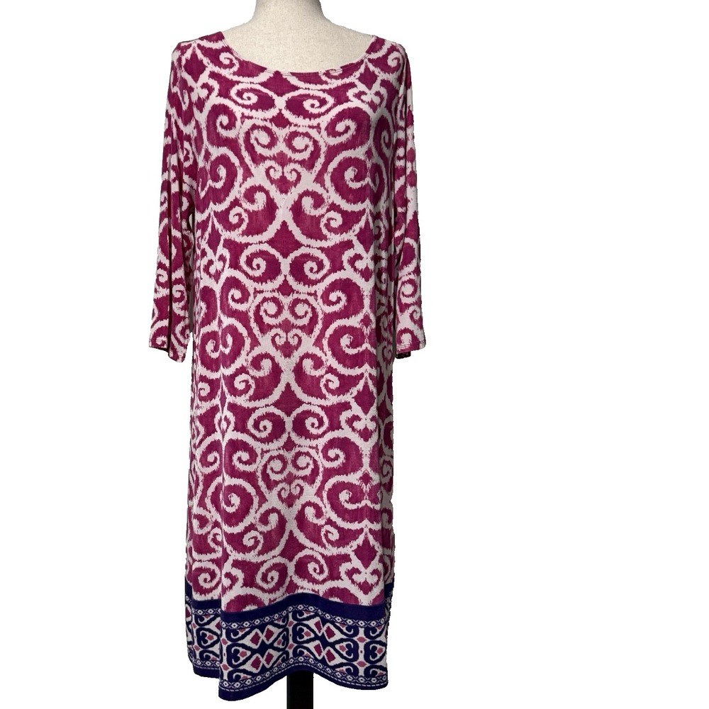 Chicos Travelers Stretchy Liquid Knit Dress Size 2 Large Pink Swirls Resort Wear